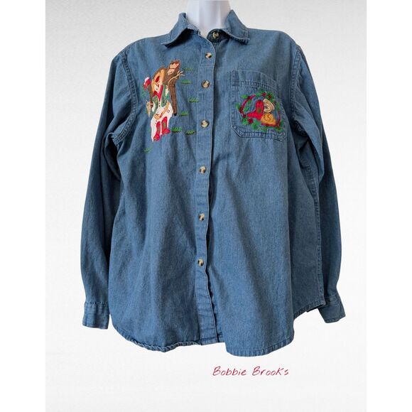 Vtg  Bobbie Brooks Christmas Western Embroidered Denim Shirt   Sz XL - Picture 1 of 7